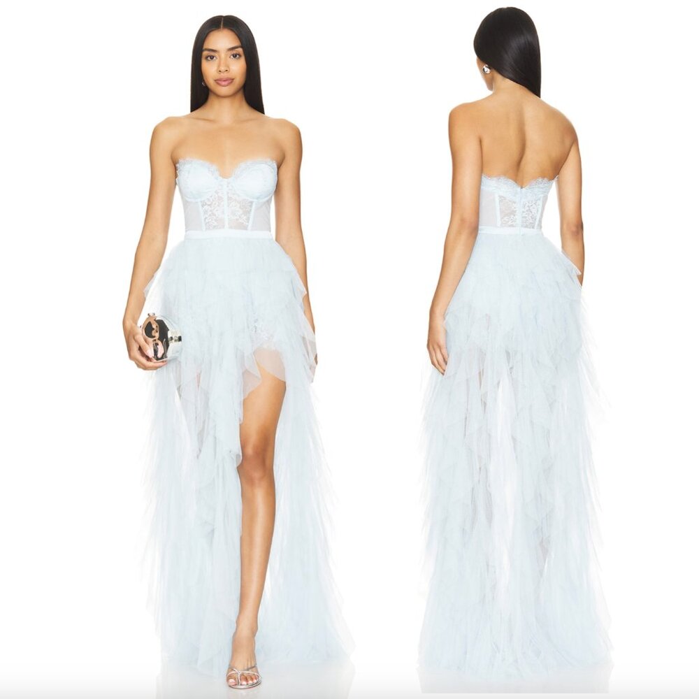 NEW For Love & Lemons Bustier Gown in Baby Blue Light Long Tutu Tule Maxi Dress